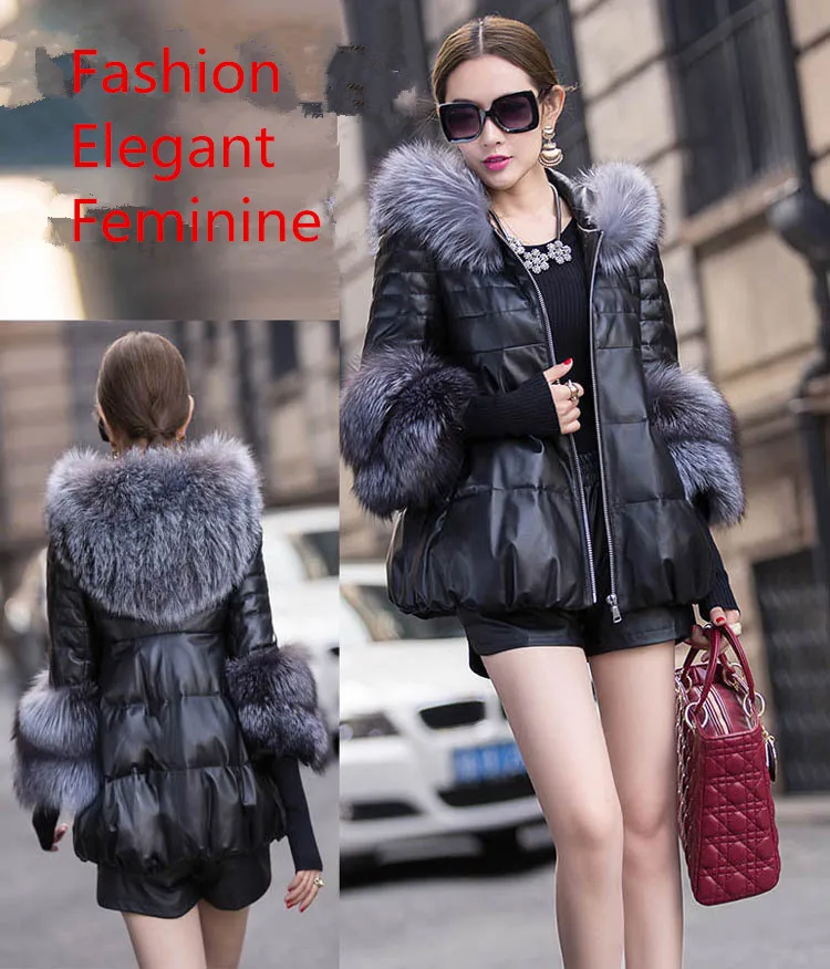 Free Shipping 2016 Latest Design Winter Fur Coat Fashion Slim Woman Leather Jacket Fox Collar A0023 |