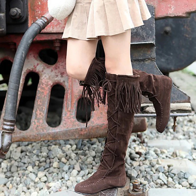 

Mid Calf Boots Black Coffee Yellow Flat Long Boots Women Shoes Tassels Lace Up Fashion Ladies Fur Winter Boots Plus Size 43