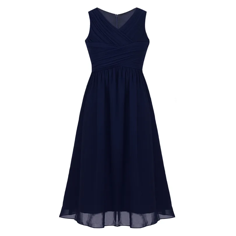 Navy Blue IEFiEL/шифоновое платье без рукавов с v-образным вырезом и цветочным узором для девочек; Пышное летнее платье принцессы для свадьбы, подружки невесты, дня рождения - Цвет: Navy Blue