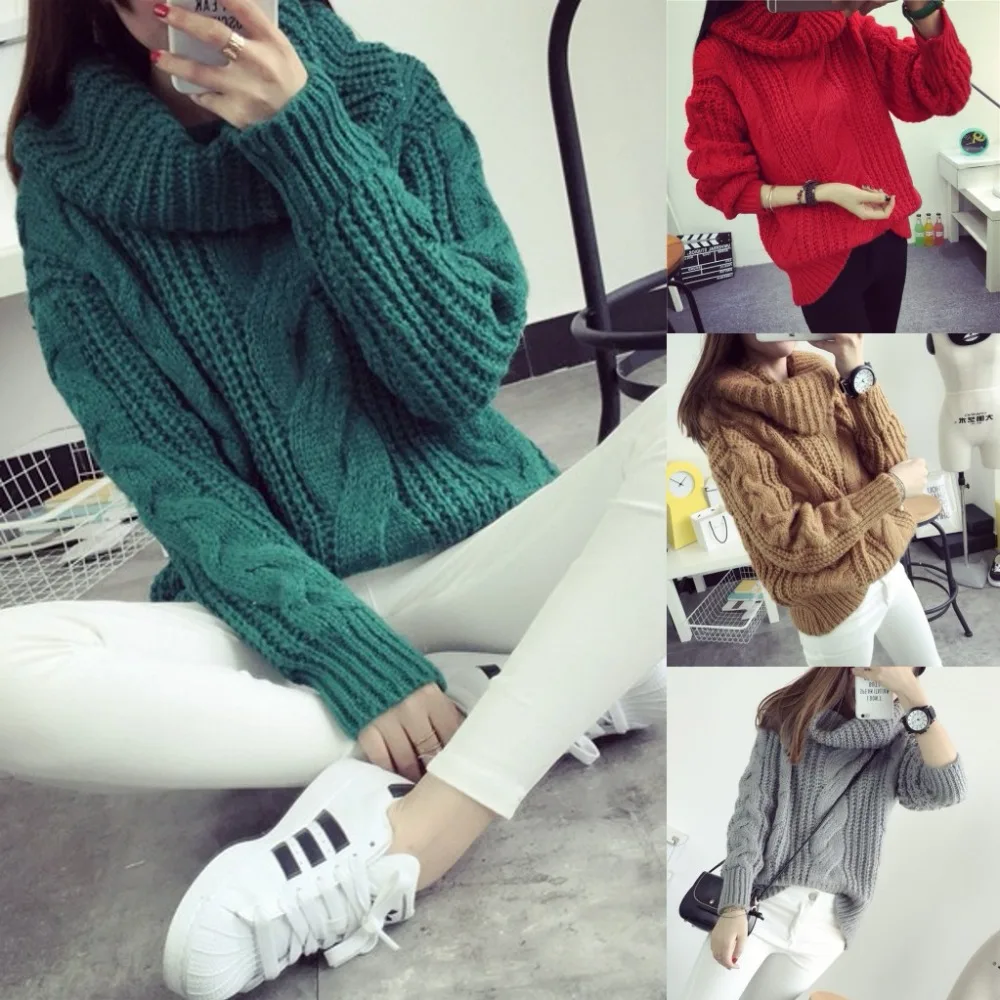 Wholesale Women Turtleneck Sweaters Autumn Winter 4 styles 2019 High Neck Loose Pullovers Thicken Knitted Warm Sweater | Женская одежда