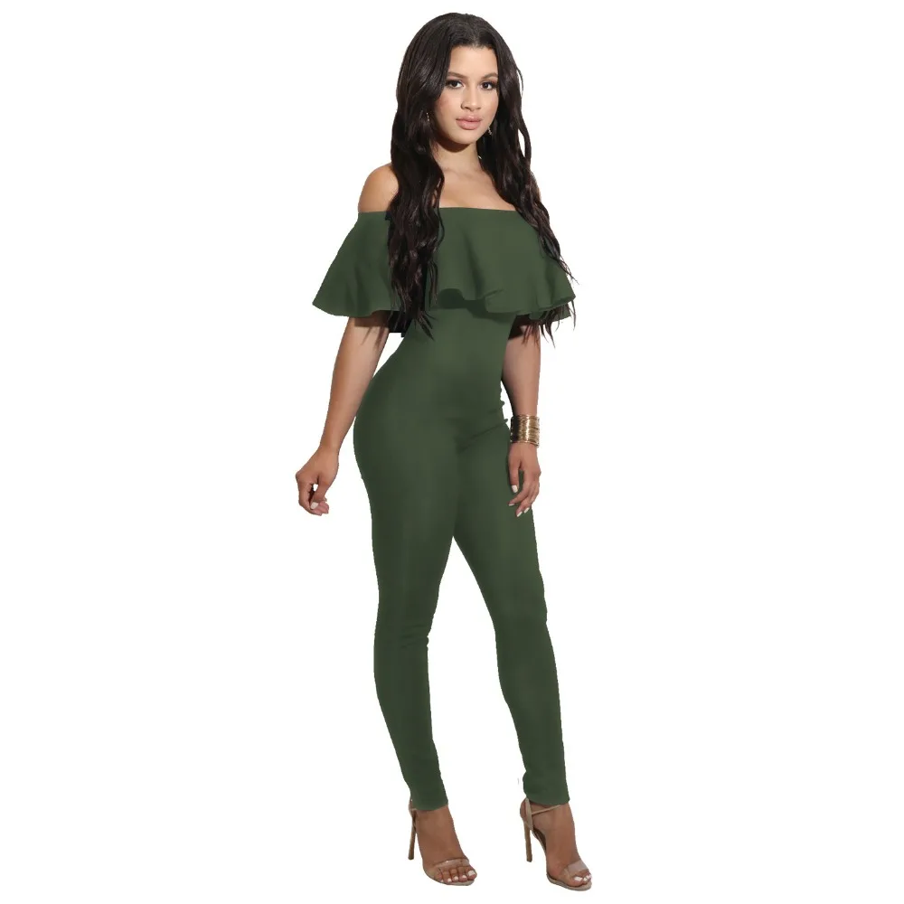 Женский модный комбинезон Одноцветный с оборками открытыми плечами