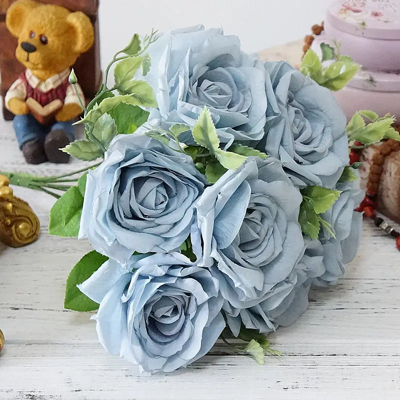 Blue Новые большие 7 голов Свадебные розы Букет Искусственные цветы для домашнего декора стола Свадебные украшения Флорес Цветочные babyshower венок - Цвет: Blue