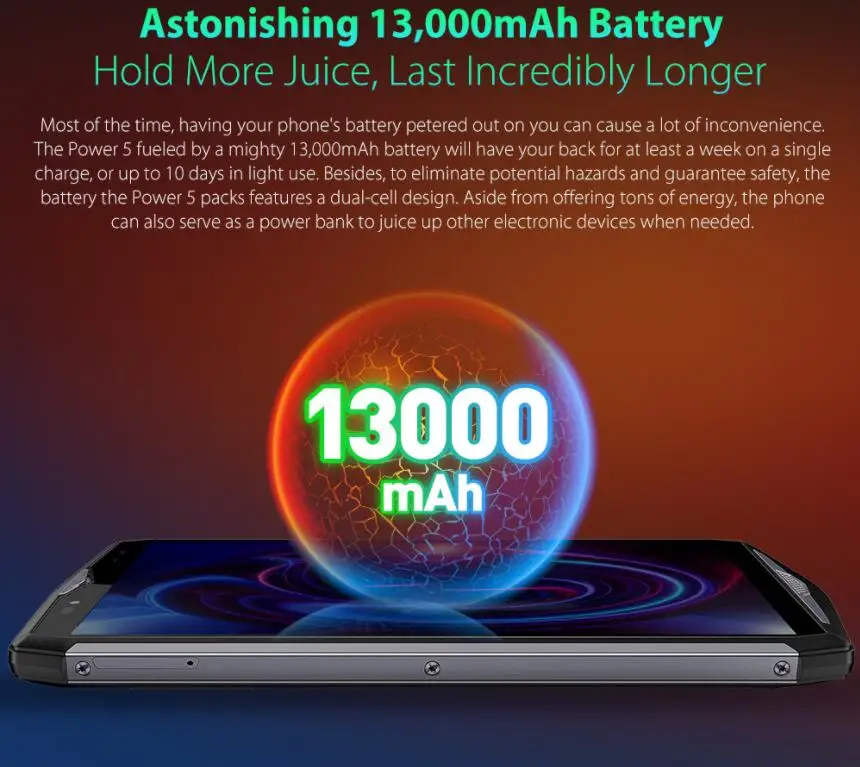 Ulefone power 5, 6 ГБ, 64 ГБ, 13000 мА/ч, Беспроводная зарядка, Восьмиядерный процессор MT6763, 6,0 дюйма, FHD экран, 21 МП, Fingprint, смартфон на Android 8,1