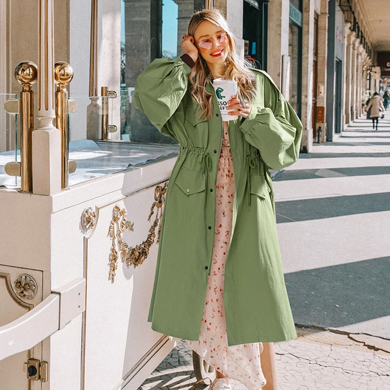 Осень 2020 длинный тренчкот женская одежда однобортная однотонная ветровка с