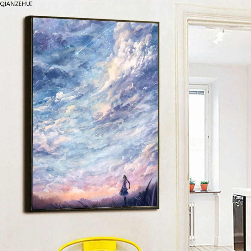 QIANZEHUI, DIY мультфильм аниме смотреть вверх на небо Алмазная вышивка, Круглый Алмаз полная алмазная живопись Вышивка крестиком, рукоделие