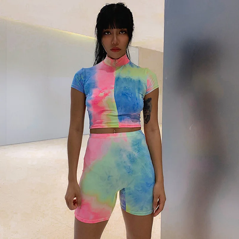 Toplook, женские комплекты из двух предметов с принтом Tie Dye,, короткий рукав, короткий топ, шорты, высокая талия, летняя Клубная уличная одежда, подходящие комплекты
