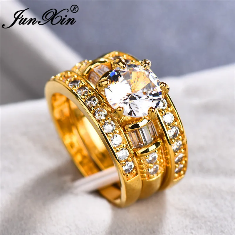 Yellow Gold Ring Set JUNXIN, роскошное тройное кольцо, набор для женщин, 925 серебро, розовое золото, заполнено, Круглый, белый, циркон, укладка, обручальное, обручальное, парное кольцо - Цвет основного камня: Yellow Gold Ring Set