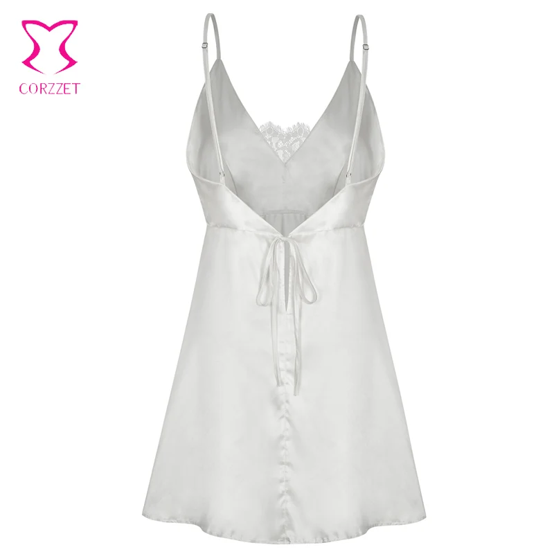 Женское ночное платье летнее из белого кружева и атласа на тонких бретелях с V-образным вырезом и открытой спиной, сексуальное нижнее белье для сна в виде "бебидолл", ночная рубашка, ночная сорочка, ночная одежда.