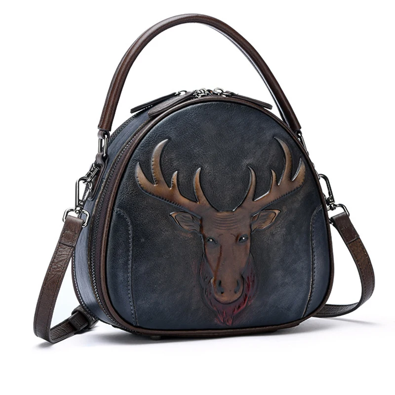 Женская сумка из натуральной кожи круглая ретро через плечо с изображением оленя