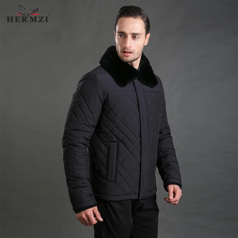 HERMZI 2022 Winter Jacket Men Cotton Padded Jacket Thick Warm Winter Coat Black Jacket Men Winter Rex Rabbit Fur Russian Size