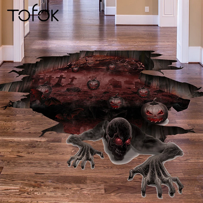 Tofok Хэллоуин Тыква Череп 3D страшные наклейки для пола гостиная паб украшения Хэллоуин принадлежности ПВХ съемные наклейки на стену