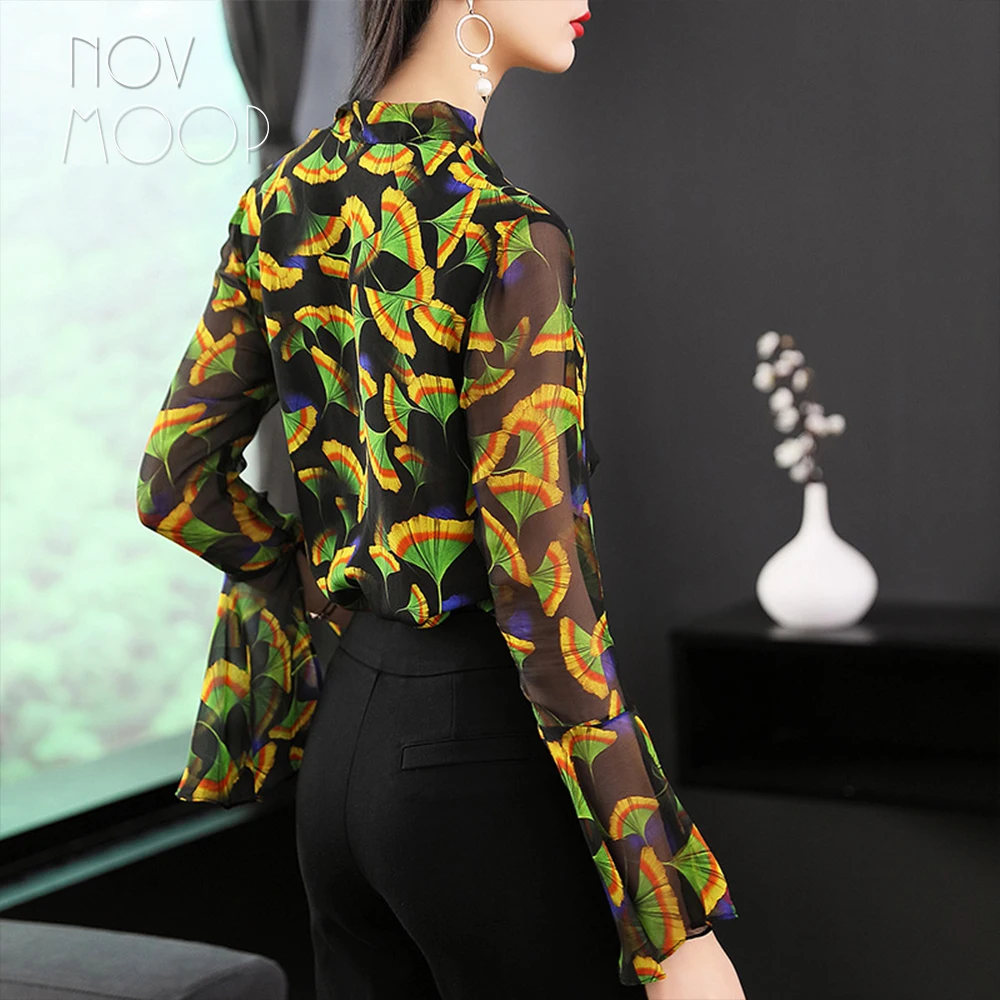 Boho Листья печати дамы чистого натурального шелка шифоновые топы блузки рубашки