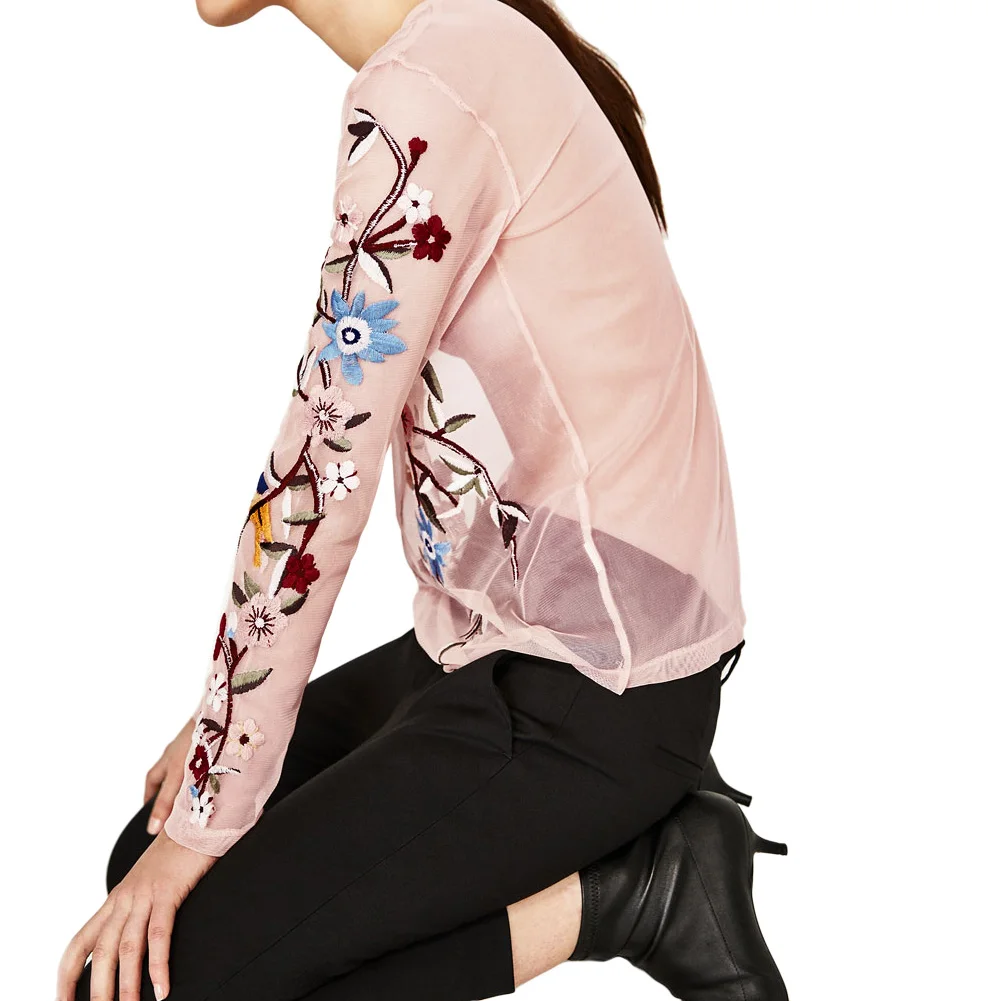 Женская прозрачная блузка с цветочной вышивкой Полупрозрачная рубашка длинным
