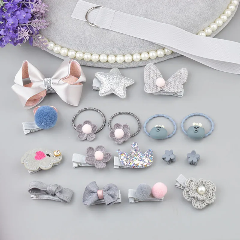 18 pieces set grey 1 комплект цветок Дети Детские аксессуары заколки младенец, ткань лук цветок Головные уборы заколки для волос головной убор A7 - Цвет: 18 pieces set grey