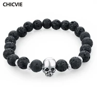 chicvie natural stone silver color skull strand bracelets for women men lava beads ethnic brand casual jewelry black sbr150172