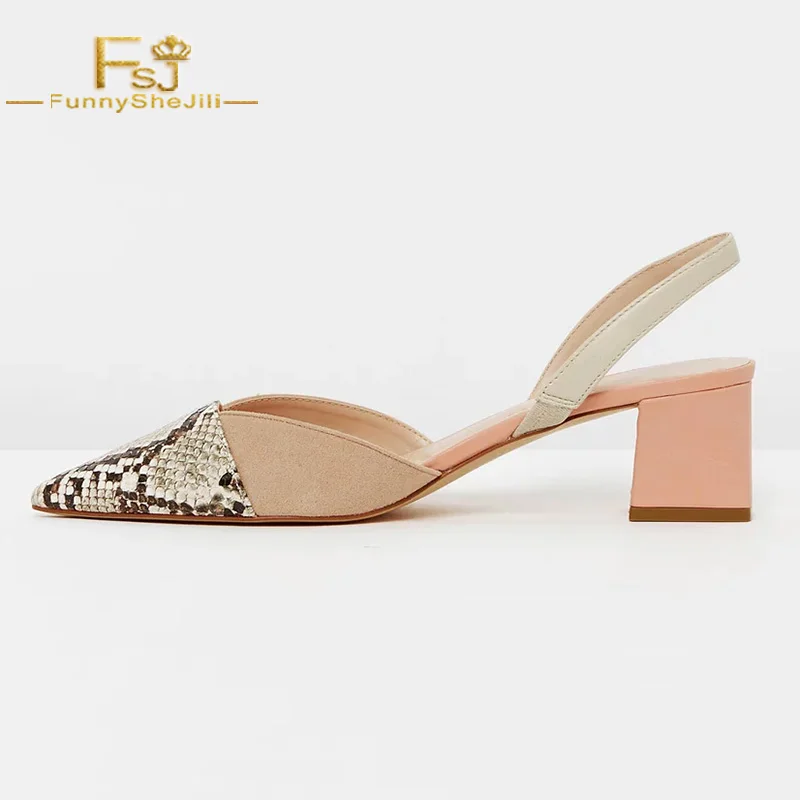 

Beige And Nude Square Heels Snakeskin Print Pointed Toe Slingback Ladies Pumps Summer Dress Customize Woman Shoes 2021 FSJ