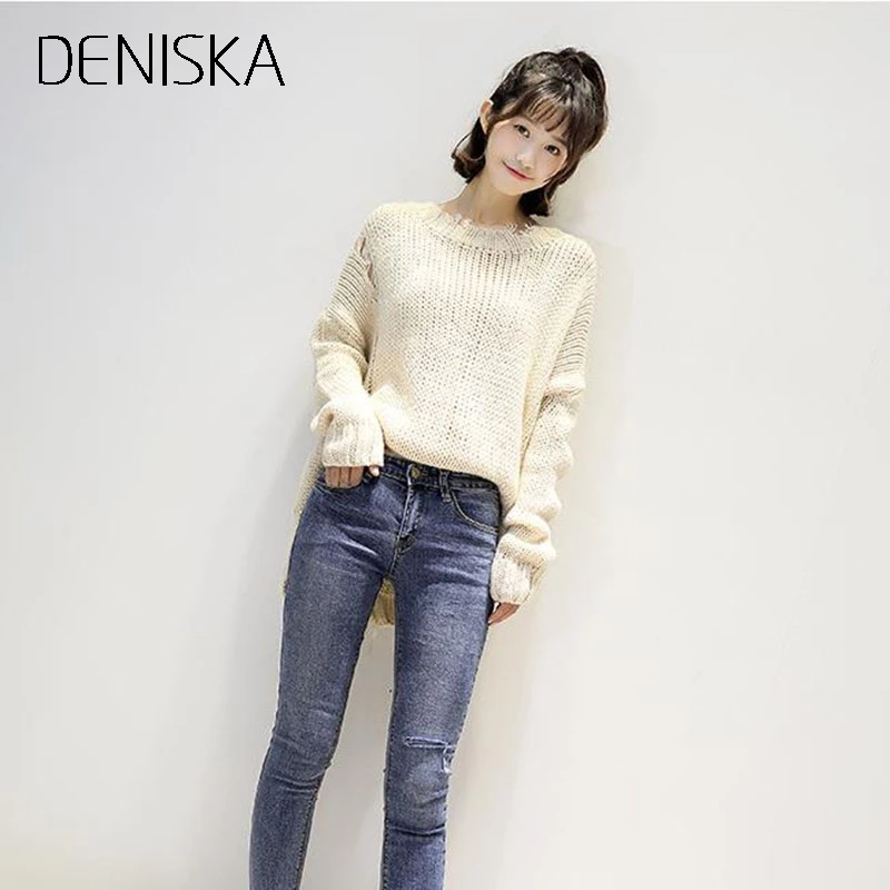 DENISKA 2018 Women Autumn Winter Knitted Distressed Sweaters Holes Ripped O Neck Loose Female Short Pullovers Femme Kni | Женская одежда