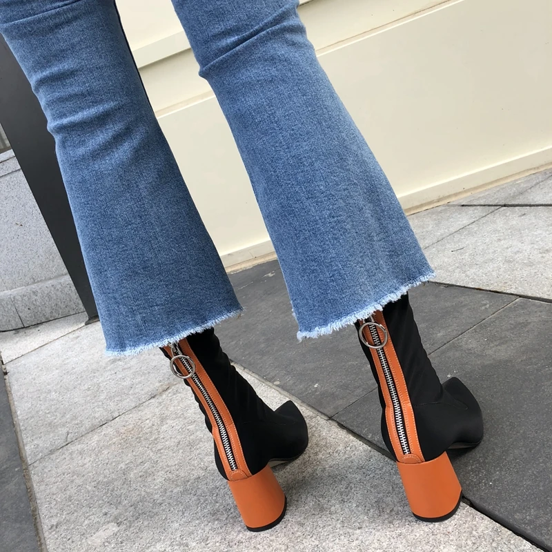 

2019 New Fashion Stretch Boots Thick High Heels Autumn Winter Women Boots High Quality Ladies Pointed Toe Black Ankle Boots