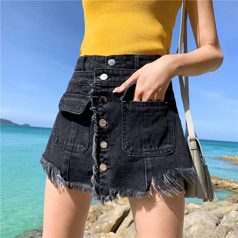 

Vintage Plus Size S-5XL Shorts Skirts Women's High Waist A-line Tassel Denim Shorts Summer Loose Korean Saia Jeans Jupe f1006