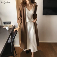 womens summer solid single breasted turn down collar long sleeve bandage cotton thin trench coat female loose windbreaker