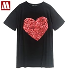 Футболка MYDBSH женская с пайетками, милая Повседневная хлопковая Облегающая рубашка с пайетками, красный топ с сердечком, в стиле Харадзюку, лето 2021