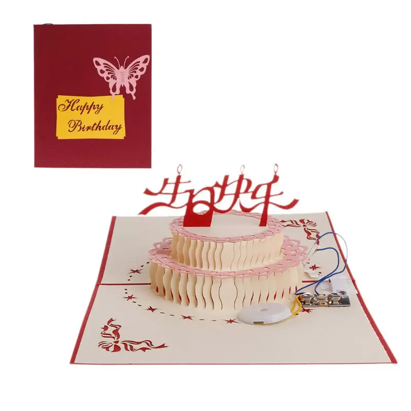 Happy Birthday 3D Pop Up поздравительная открытка с днем рождения торт Музыка Светодиодный открытка с конвертом - Color: Happy Birthday