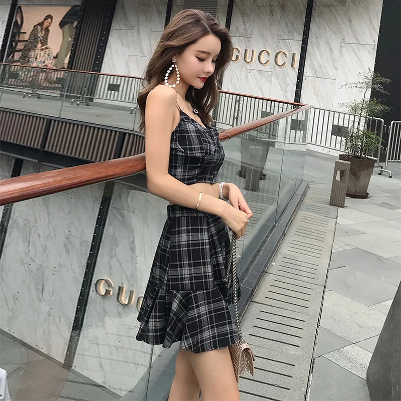 Комплект из 2 предметов летний женский костюм клетчатый короткий топ на бретелях