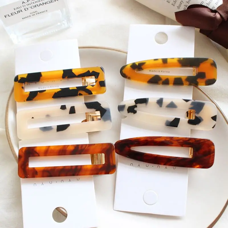 

Women Girls Korean Vintage Tortie Side Hair Clips Geometric Rectangle Water Drop Shape Hairgrips Retro Leopard Printed Acrylic