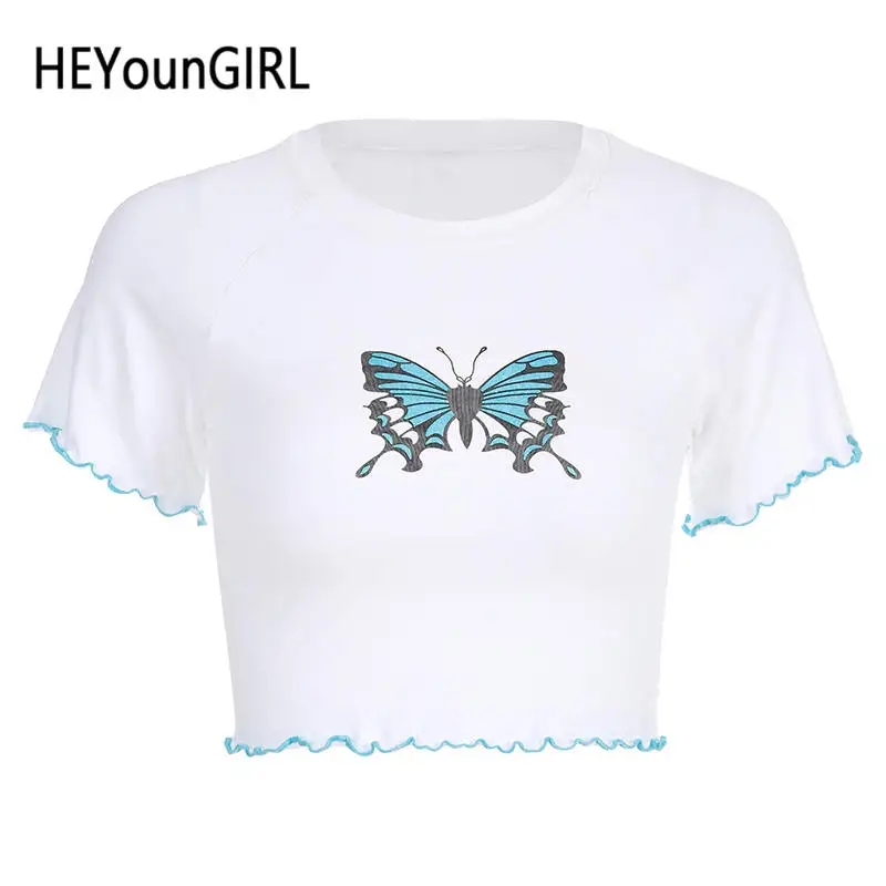 Белый HEYounGIRL белый укороченный топ с принтом бабочки, Футболка Harajuku, футболки с коротким рукавом, хлопковая Женская Базовая уличная футболка, Женская - Цвет: Белый
