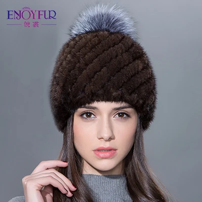 ENJOYFUR горячая Распродажа меховая шапка из натуральной норки для женщин, зимняя вязаная шапка из меха норки с помпонами из меха лисы, новая Толстая Женская шапка - Цвет: 02YMQ