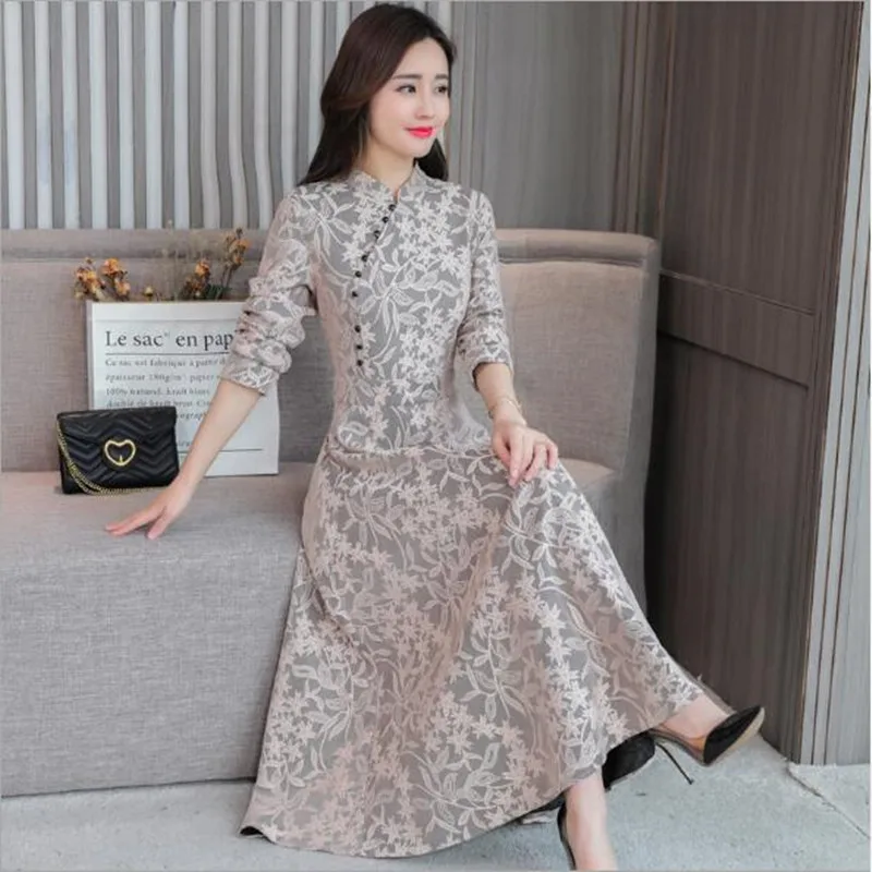 Женское кружевное платье с длинным рукавом винтажное макси в китайском стиле