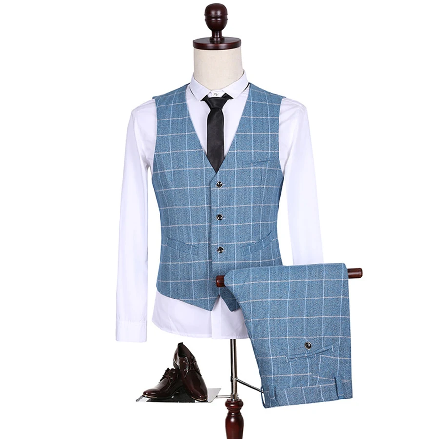 Мужской костюм в синюю клетку (пиджак + брюки жилет) официальный пиджак модный