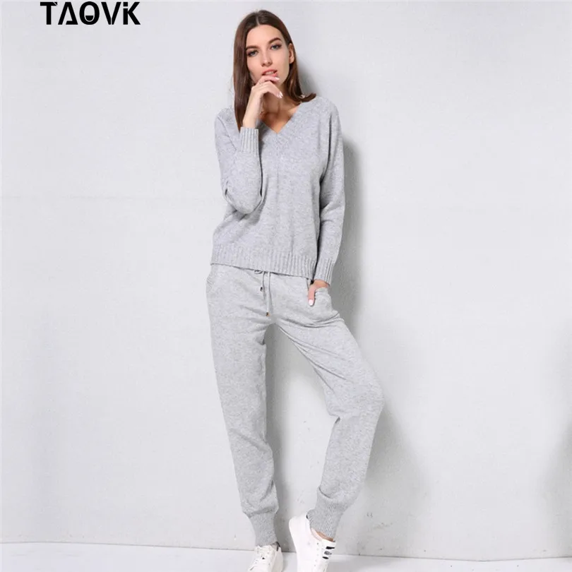 TAOVK, мягкий зимний Трикотажный костюм, женские комплекты, уличная одежда, свитера с v-образным вырезом, эластичные штаны, комплект из двух предметов, комплект из 2 предметов, домашний костюм