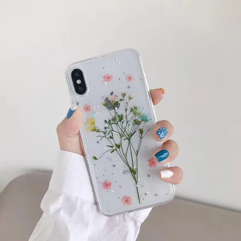 Чехол с высушенными настоящими цветами для iPhone X XS Max XR 6 6S 7 8 Plus прозрачная
