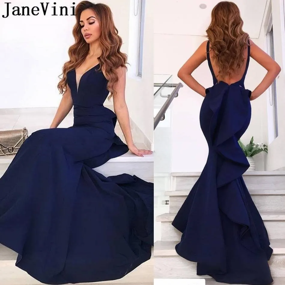 

JaneVini Sexy Backless Mermaid Long Prom Dresses Deep V-Neck Satin Formal Evening Dress 2019 Ruffles Sleeveless Gala Party Gowns