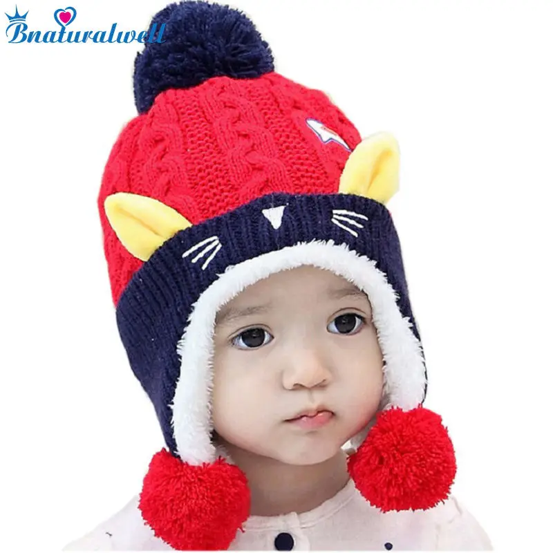 Winter Baby Hats Ball Hat Thick Warm Knitted Boy Girl Cap Protect The Ears Beanies Cartoon Ear Toddler H030S | Детская одежда и