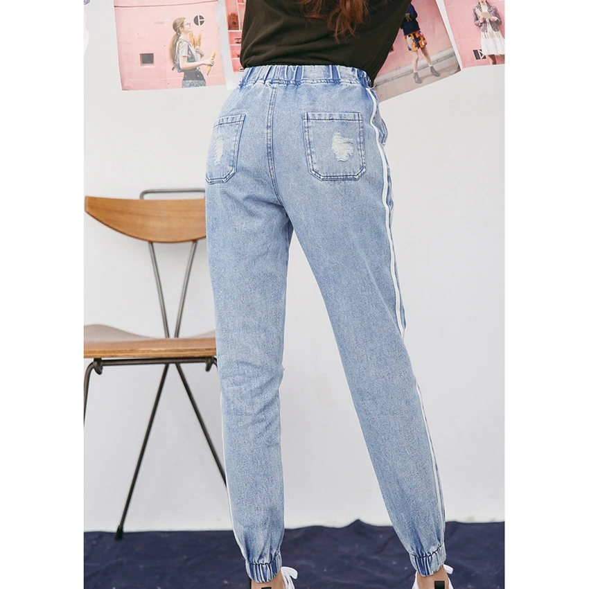 2018 New Vintage Holes Jeans Women Casual Denim Pant Spring Summer High Waist Ripped Jean Ladies White Striped jogger pants |