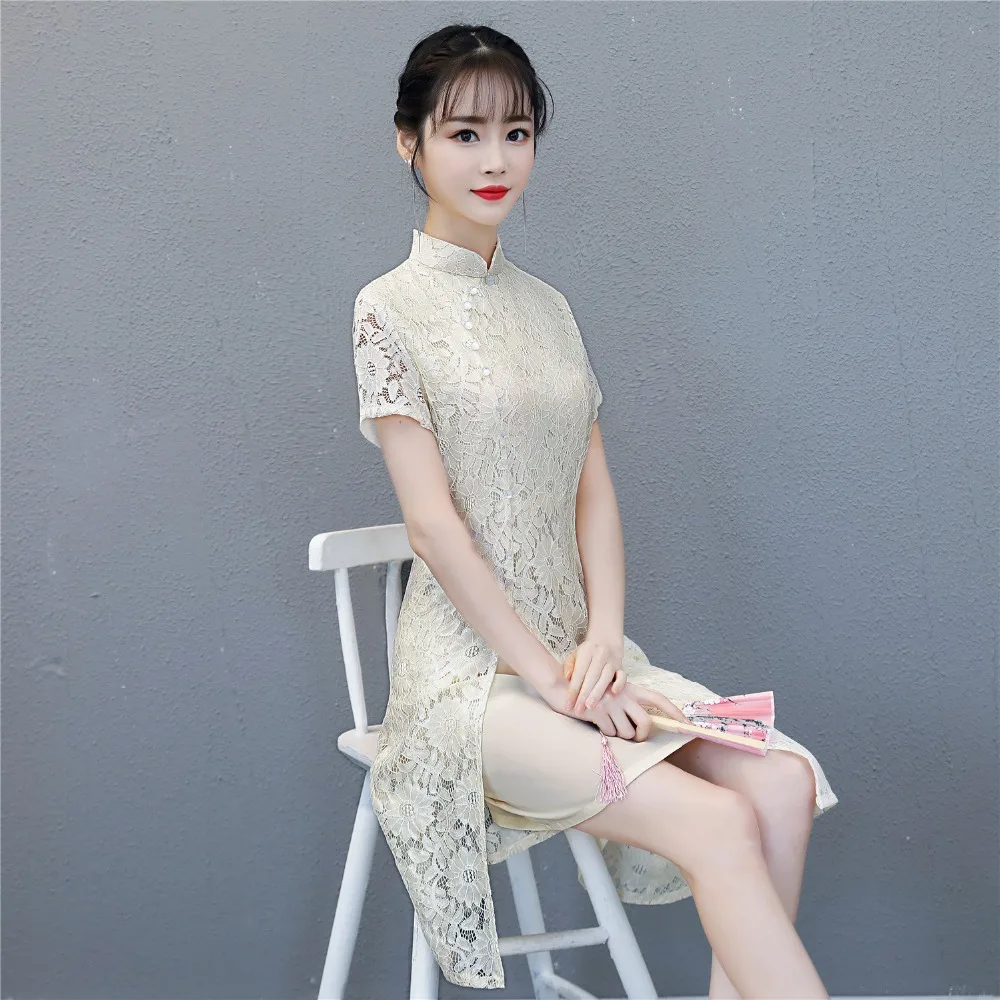 Шанхай история короткие Cheongsam китайское восточное платье женские Qipao национальный тренд стильные китайские платья кружевное китайское платье