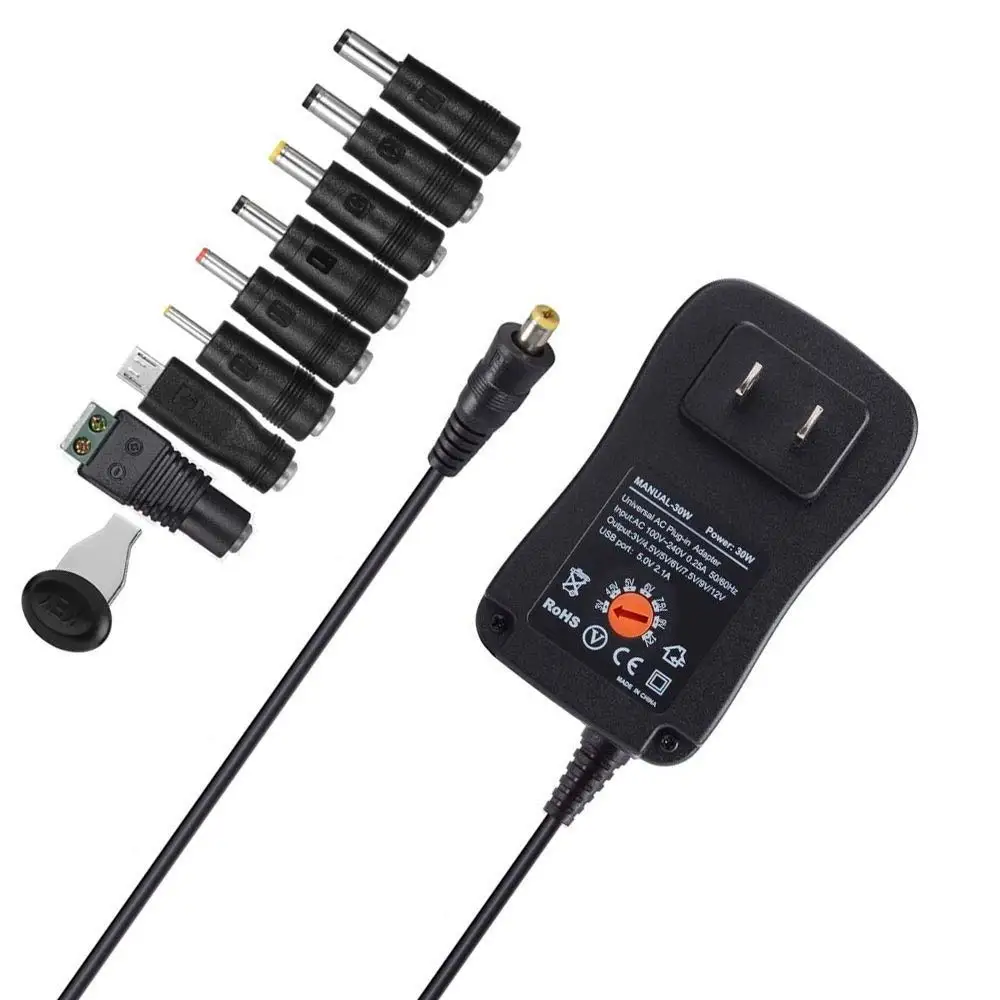 

Universal AC/DC Adapter,30W Multi Voltage Switching Power Supply with 8 Selectable Tips & 5V 2.1A USB Port for 3V to 12V LED
