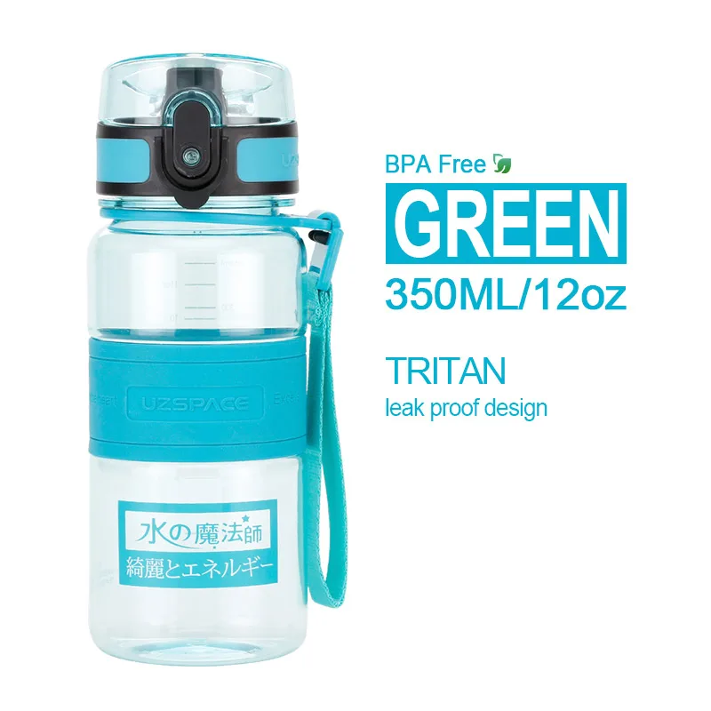 350ml Green UZSPACE спортивные портативные бутылки для воды герметичный шейкер бутылка фруктовый сок чай заварка Тритан пластиковая посуда для напитков 500 мл/1л BPA бесплатно - Цвет: 350ml Green