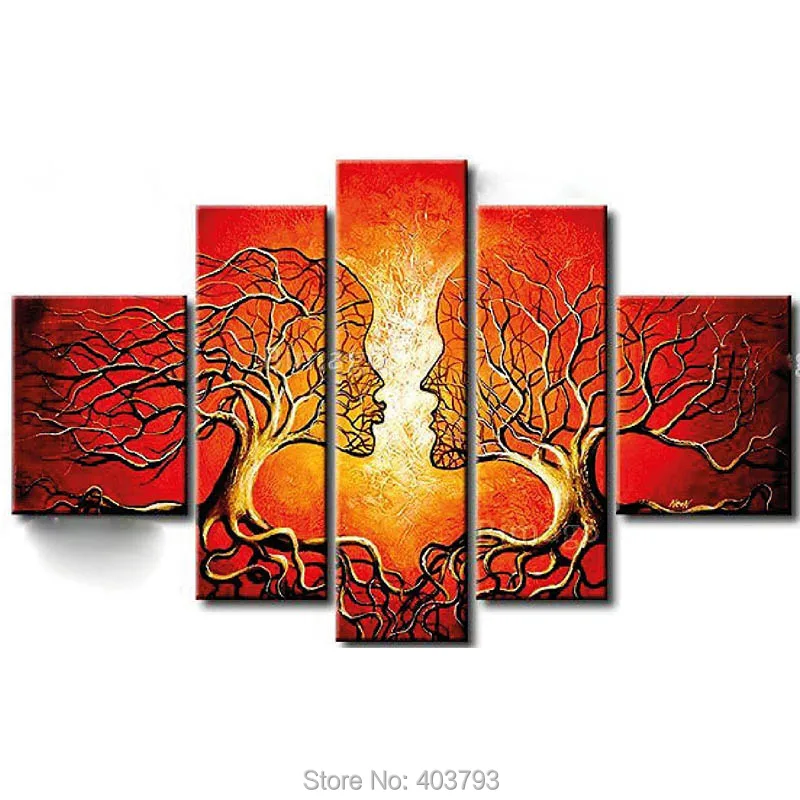 

100% Hand Painted Oil Paintings Lover Tree Kissing 5 Panels Unframed Canvas Art For Living Room Wall Pictures Home Decoration