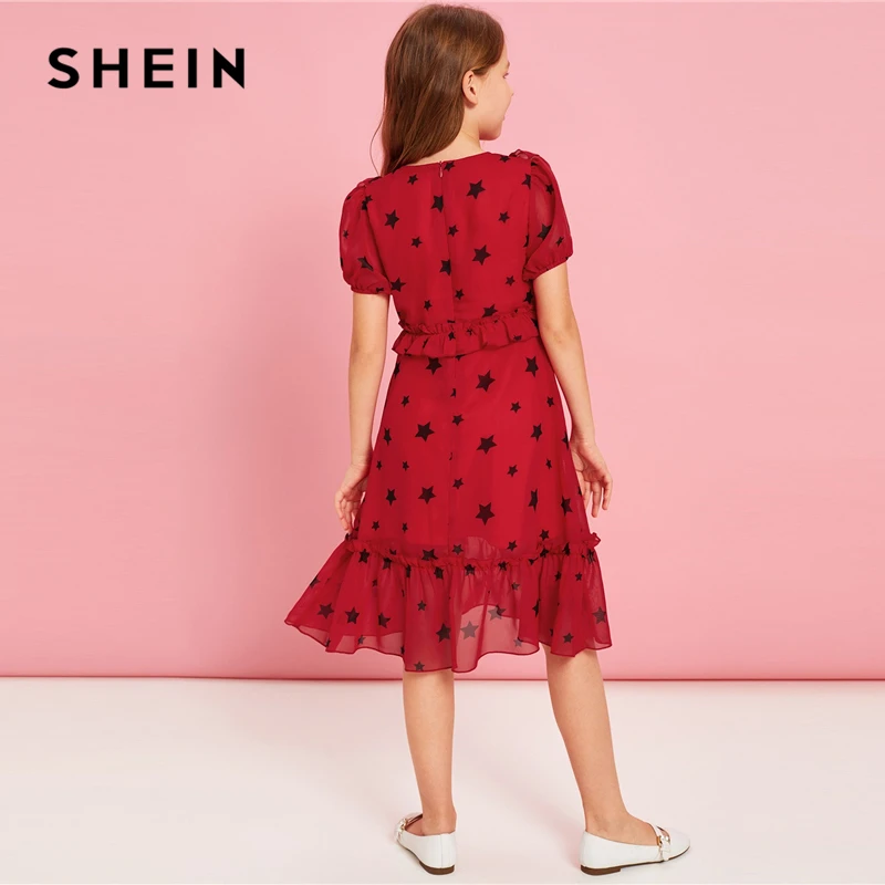 SHEIN/детское праздничное платье для девочек с принтом Красной звезды и оборками на подоле; коллекция года; милое летнее платье на молнии с рукавами-фонариками для подростков