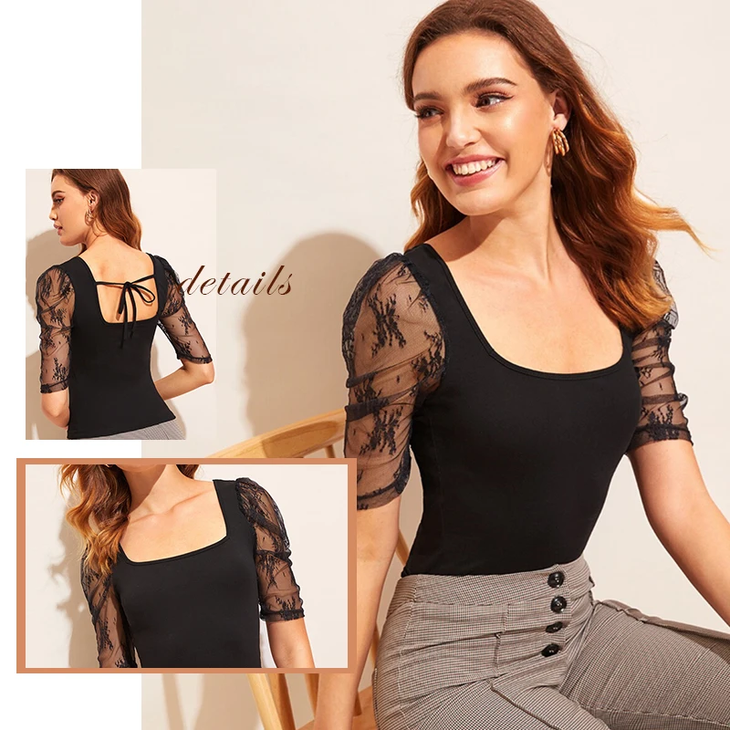Sheinside, элегантный черный, глубокое круглое декольте с пышными рукавами, футболка для женщин, летняя футболка со шнуровкой сзади, Женская Лоскутная сетчатая Футболка с рукавами