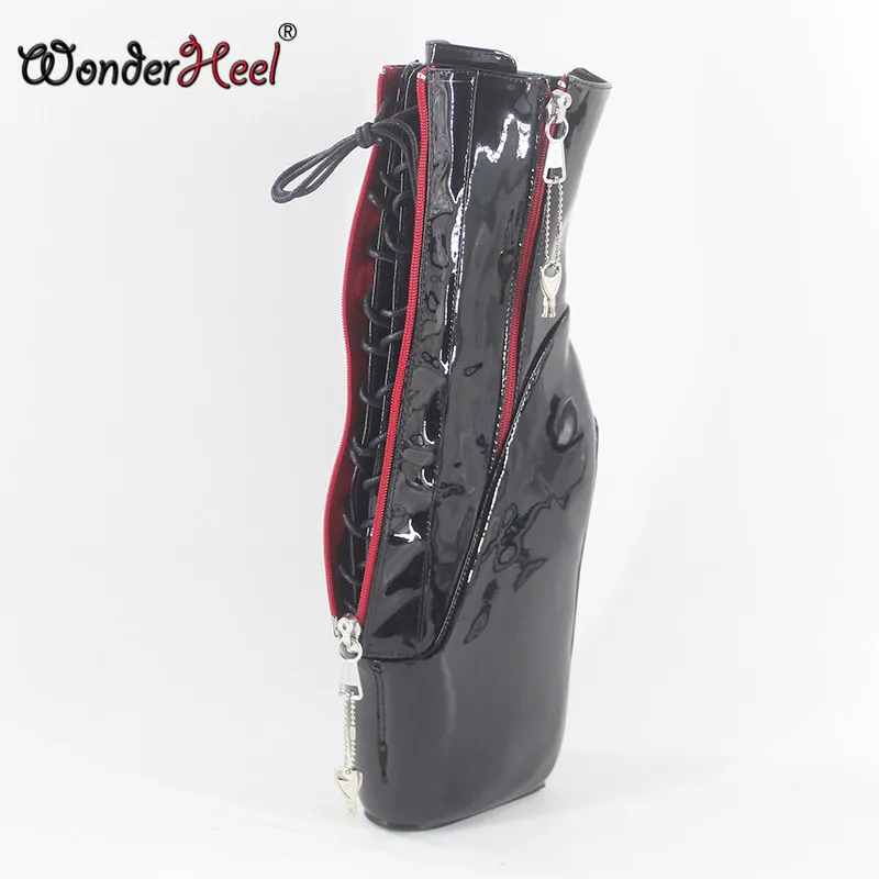 Wonderheel/Новинка; Туфли на очень высоком каблуке 7 дюймов; Туфли на танкетке с двойным замком и молнией; черные лакированные пикантные Фетиш-ботильоны на шнуровке