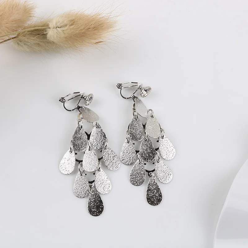 rhodium clip Богемные этнические Роскошные Многослойные Длинные серьги-клипсы в форме капель с блестками без пирсинга для женщин, для свадебной вечеринки, висячие клипсы для ушей - Окраска металла: rhodium clip