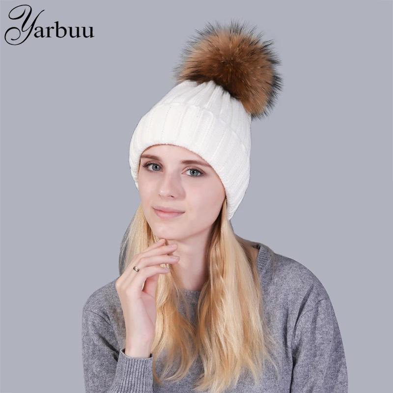 [YARBUU] Skullies зимняя женская шапка для девочек с помпонами из натурального меха