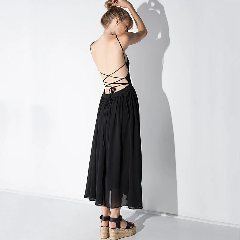 Summer dress women black sexy backless strap long dresses ladies sleeveless chiffon high waist slim thin female ZD2151 | Женская одежда