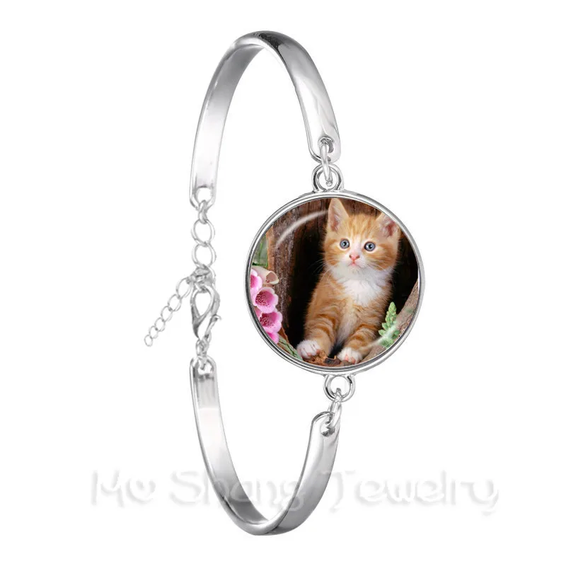 Cat Pet Trendy Bracelet 18mm Glass Cabochon Animal Handmade Silver Plated Chain Bangle Lover Creative Gift | Украшения и