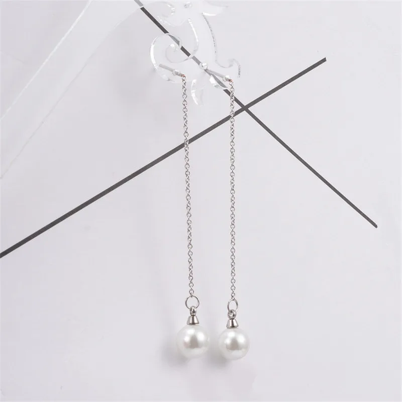 Korean Fashion Geometric Long Pearl Earring Link Chains Ear Line Hanging Jewelry Silver Rose Gold Color Earrings Bijoux Brincos