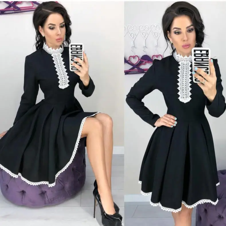 2018 осень зима новый стиль женское с длинным рукавом лоскутное кружевное платье